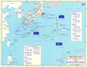 A map outlining the Japanese and U.S. (but not other Allied) ground forces scheduled to take part in the battle for Japan. Two landings were planned:(1) Olympic—the invasion of the southern island, Kyūshū,(2) Coronet—the invasion of the main island, Honshū.