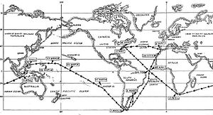alt=Mercator projection map depicting the submerged navigational track of Triton during Operation Sandblast. The submarine began off the east coast of the United States, went around the southern tip of South America, passed north of Australia across the Pacific Ocean, headed south from Guam through the Philippine Island into the Indian Ocean, passed around the southern tip of Africa, and arrived back on the eastern seaboard of the United States.