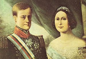 A side-by-side portrait with a light-haired, clean-shaven young man in a military-style tunic on the left, and on the right, a young woman with dark hair decorated with a tiara