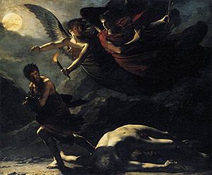 darkly shaded painting of two winged angels chasing a man who runs away from a fallen, naked man attacked and subdued for his clothing