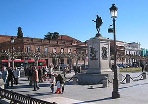 The Plaza de Cervantes, shown here in the winter, is the social center of Alcalá de Henares. Visible is the statue of Miguel de Cervantes, the city's most famous native.