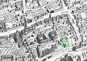 A bird's-eye view of a city, showing a city wall, churches, colleges, other buildings and gardens