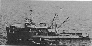 USS Sagamore (ATA-208) underway in the Chesapeake Bay in 1969.