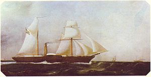 Painting depicting a two-masted, side-wheel steamer in full sail plowing through choppy seas with other ships in the distance