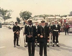 Guard of TS Admiral Somers, the Bermuda Sea Cadet Corps unit of St. George's, parades on Ordnance Island to greet the American Promise in 1986.