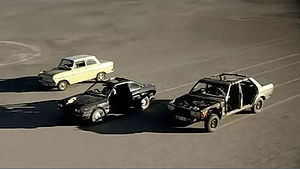 From left to right: 1963 Opel Kadett (Hammond), 1981 Lancia Beta Coupe (Clarkson) and 1985 Mercedes-Benz 230E (May) crossing the Makgadikgadi Pan post stripdown modifications