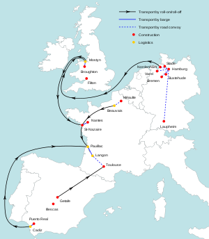 Diagram showing flow of aircraft part in western Europe. Land is white, with the sea being pale blue