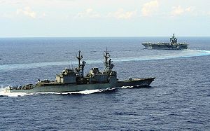 USS Thorn (DD-988) escorts USS Enterprise (CVN-65)