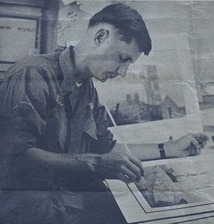 "Combat artist Spec. 4 David Fairrington puts the final touches on a painting before it is shipped to the U.S. Army's Center for Military History, 1968"
