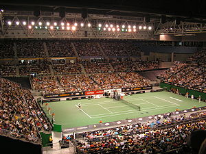tennis court surrounded by stands filled with people
