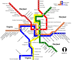 The published system map has every line drawn in its own distinct color. All stations are marked and labeled by name. The map is drawn for for clarity and simplicity, not to scale by actual distances and exact relative station locations. There are transfer stations marked where lines cross each other.