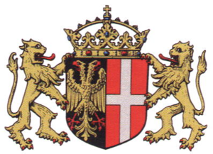 coat of arms of Neuss, imperial crown and hawks on top and left, city shield on right