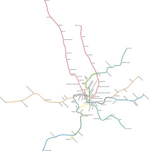 An actual map with correct distances and geographic placement illustrates how all lines intersect and have many stations in the downtown area, and extend with more widely spaced stations far out into the neighboring areas.