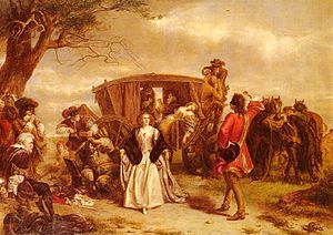 A well-dressed man stands in front of a young woman in 18th-century dress.  Behind her, a coach is stopped, and several masked men are armed with pistols.  The occupants of the coach are in disarray.  To the left, another masked man plays a small flute.  Before him, an older man sits, his arms tied behind his back.