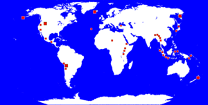 Map showing that locations of geysers tend to cluster in specific areas of the world.