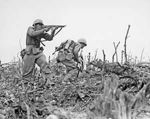 Two Marines from the 2nd Battalion, 1st Marines advance on Wana Ridge on 18 May 1945.