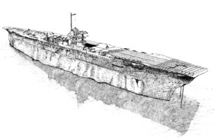 Line drawing of aircraft carrier sitting upright on the seabed.