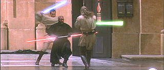 Three man in robes fight with laser swords in a hangar.