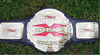 A black leather strap decorated with gold and silver plaques. The center plaque has an enlarged red letter "X" with the word "Division" written across it and the word "Champion" directly below it.