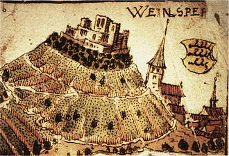 Illustration of the castle at Weinsberg, surrounded by vineyards.