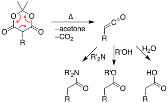 Reaction of the pyrolysis-product ketene with amines, hydroxyl compounds, or water gives amides, esters, or carboxylic acids respectively