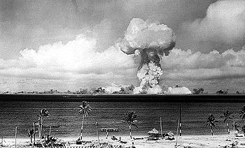 The airburst nuclear explosion of July 1, 1946. Photo taken from a tower on Bikini Island, 3.5 mi (5.6 km) away.