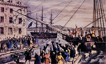 Two ships in a harbour, one in the distance. Onboard, men stripped to the waist and wearing feathers in their hair are throwing crates overboard. A large crowd, mostly men, is standing on the dock, waving hats and cheering. A few people wave their hats from windows in a nearby building. Monopolistic activity by the company triggered the Boston Tea Party.