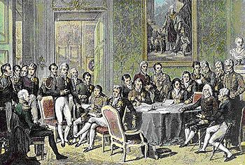 An oil painting of the delegates to the Congress of Vienna.