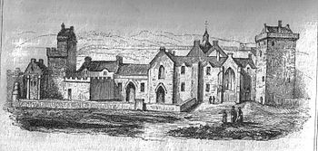 Black and white sketch of an abbey; landscape is in background, with five people in the foreground depicted going about their business