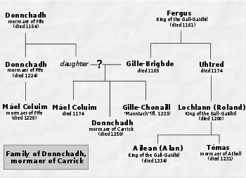 Names of Donnchadh and his relatives written in black as part of a genealogical table; grey background