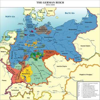 Political map of central Europe showing the 26 areas that became part of the united German Empire in 1891. Germany based in the northeast, dominates in size, occupying about 40% of the new empire.