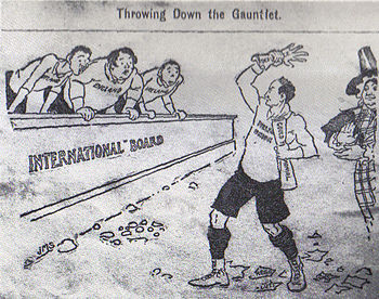 Hand drawn cartoon, titled 'Throwing down the Gauntlet'. The cartoon depicts three caricatures representing the England, Scotland and Ireland Unions, looking aghast as a figure representing the Welsh Union throws a defiant Gauntlet to the ground. The Welsh Union is applauded by Dame Wales.