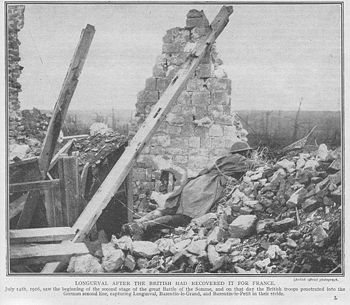 Monochrome image on newsprint type paper. Destroyed house with one remaining wall and visible roof timbers. Image of soldier dressed in British helmet and great-coat and rifle lying prone, peering over rubble towards the top right of piture.