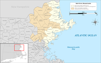 Map of the North Shore region of Massachusetts highlighted in yellow based on the region defined by the Massachusetts Office of Coastal Zone Management, with areas sometimes included in the region on other lists highlighted in light brown.
