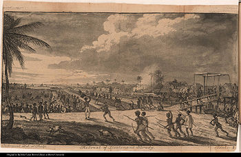 Large group of blacks (slaves) force the retreat of European soldiers. Includes canal, boat, drawbridge, dwellings, guns or muskets, flag, hogs, pigs, dogs, and bayonets.