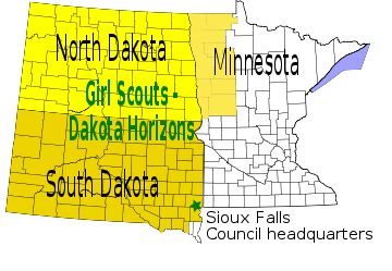 Map of Girl Scout Council in North Dakota, South Dakota, and part of Minnesota