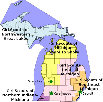 Map of Girl Scout Councils in Michigan