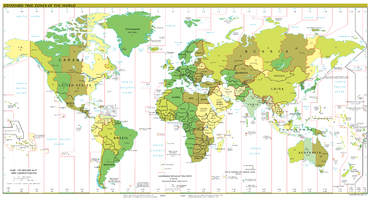 Map of the time zone boundaries of the world. Generally the borders run north-south and there are about 24 zones, but there are many exceptions where the borders follow national boundaries and a few half-hour or quarter-hour zones exist.
