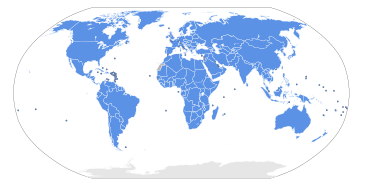 A political map of the world with all territories shaded blue to denote United Nations membership, except Antarctica, the Palestinian territories, the Vatican, and Western Sahara, which are grey.