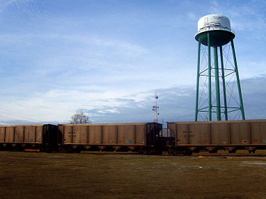Trains in front of the Conway watertower