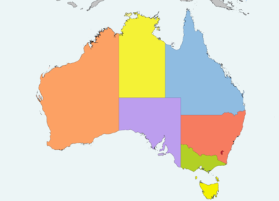 Australia map. Western Australia in the west third with capital Perth, Northern Territory in the north center with capital Darwin, Queensland in the northeast with capital Brisbane, South Australia in the south with capital Adelaide, New South Wales in the northern southeast with capital Sydney, and Victoria in the far southeast with capital Melbourne. Tasmania, with capital Hobart, is off the coast of Victoria, across the Bass Strait. The Indian Ocean is to the west and northwest, the South Pacific Ocean to the east, the Southern Ocean to the south, and the Tasman Sea to the southeast. The Great Australian Bight to the south and the Gulf of Carpentaria to the north are the major bays. The Timor and Arafura Seas are off the north coast, and the Great Barrier Reef guards the northeast coast from the Coral Sea.
