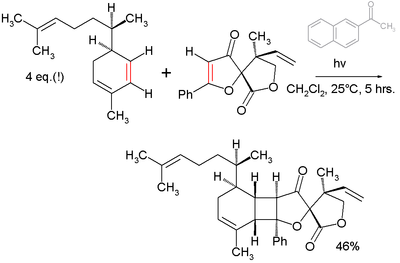 Final step in total synthesis of Biyouyanagin A with acetonaphthone photosensitizer