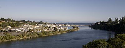 A wide, smooth river flows through the center. Its right bank is steep and forested, while its left bank is developed with many buildings and roads, and a marina filled with sailboats. Jetties and the Pacific Ocean are visible in the background, along with a hazy gray sky.