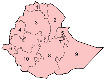 A clickable map of Ethiopia exhibiting its nine regions and two cities.