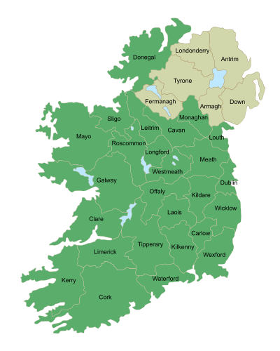 A map of Ireland showing traditional county borders and names with Northern Ireland counties colored tan, all other counties colored green