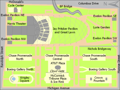 Rectangular map of a park about 1.5 times as wide as it is tall. The top half is dominated by the Pritzker Pavilion and Great Lawn. The lower half is divided into three roughly equal sections: (left to right) Wrigley Square, McCormick Tribune Plaza, and Crown Fountain. North is to the left.