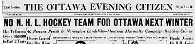 Photograph of the front page of the Ottawa Citizen newspaper with the headline "No NHL Hockey Team for Ottawa Next Winter"