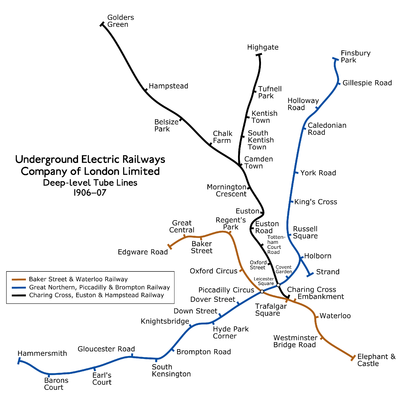 The routes of the UERL's three tube lines are shown: Baker Street and Waterloo Railway in brown, Charing, Cross, Euston and Hampstead Railway in black and Great Northern, Piccadilly and Brompton Railway in blue