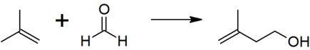 The reaction of isobutene with formaldehyde to give isoprenol, the first step in the industrial manufacture of prenol.