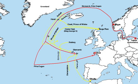 Map of the North Atlantic and Royal Navy operations shown as yellow lines against the battleship Bismarck indicated as red lines, with approximate movements of ship groups and places of aerial attacks